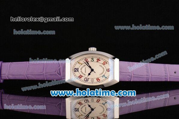 Franck Muller Chronometro Miyota Quartz Steel Case with Diamond Bezel Purple Leather Bracelet and Colorful Numeral Markers - Click Image to Close